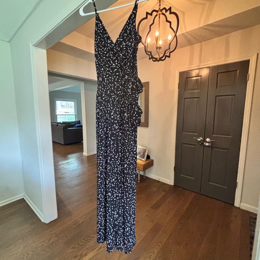 Kaileigh Black Polyester Wide Leg Jumpsuit Beige Print spaghetti strap (S) - Picture 2 of 5